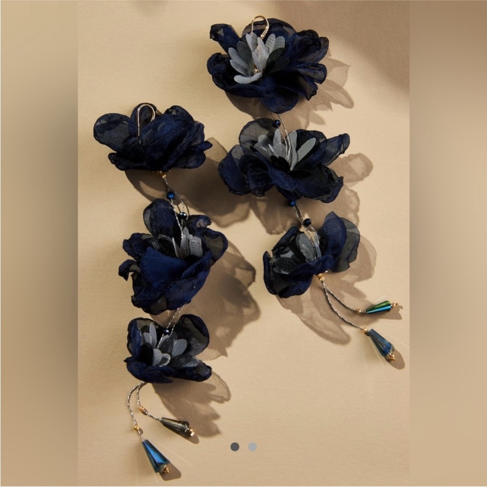 Anthropologie Elegant Long Navy Floral Earrings fabric drop dangling